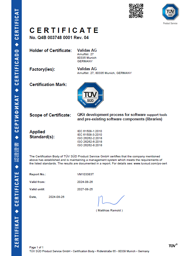 TÜV certificate - Validas AG, your innovation partner in functional safety